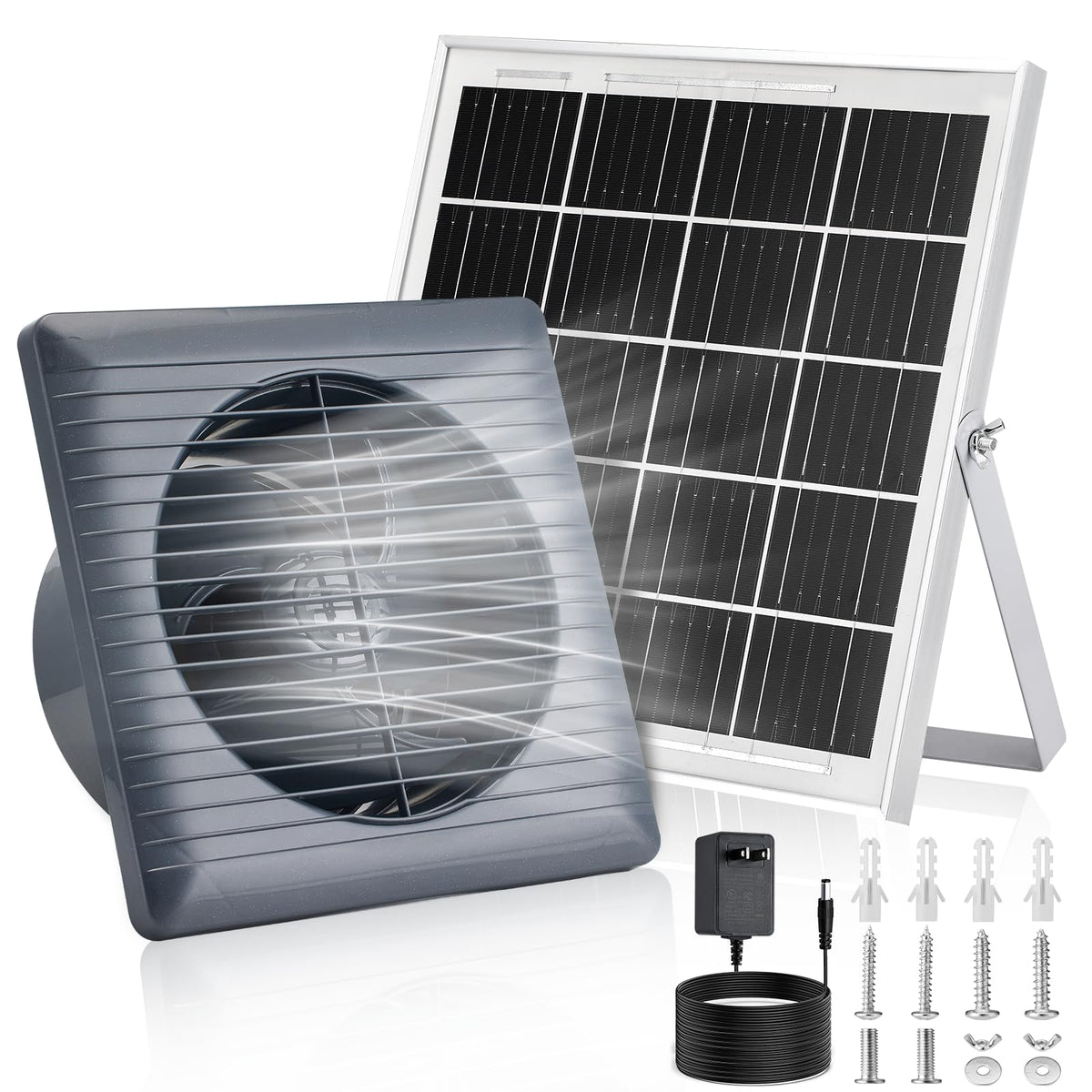 Prozilon front view of fan and solar panel showing compact kit benefits