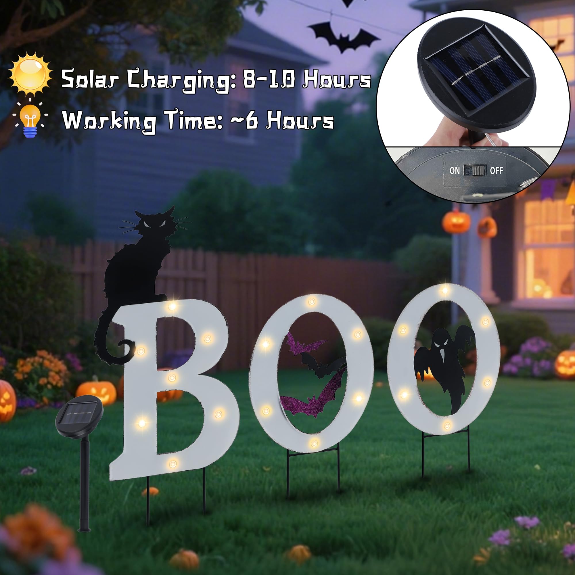 Prsildan glowing BOO signs in yard creating spooky ambiance