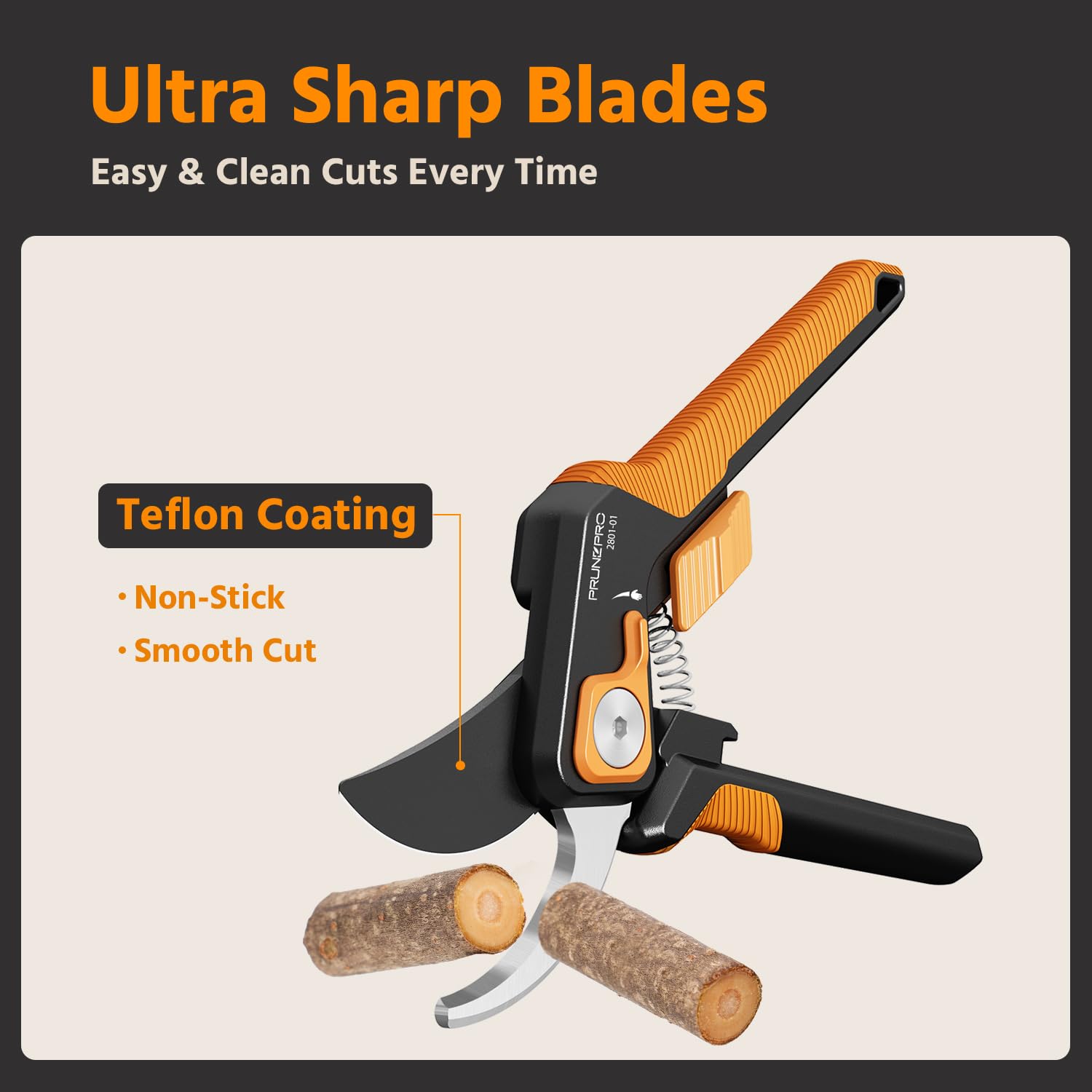 PrunePro close-up of Teflon-coated stainless steel blade, resists rust and eases cleaning