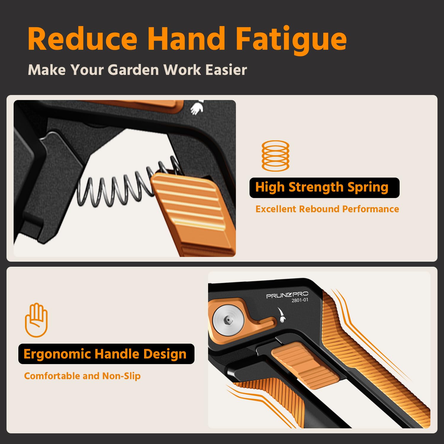 PrunePro ergonomic handle detail, comfortable grip reduces hand fatigue during pruning