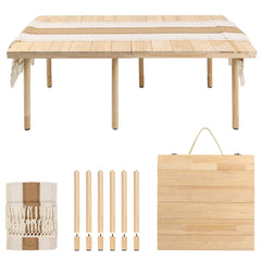 PSDRV front view of boho low picnic table showing compact profile and wood finish benefit portability