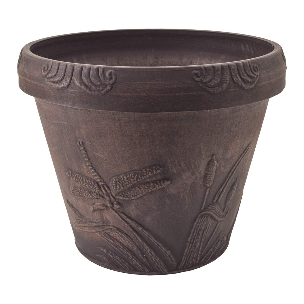 PSW Pot Collection dragonfly planter front view showing chocolate finish and shape, enhances décor