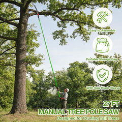 Pterying fully extended pole saw reaching a tall tree branch