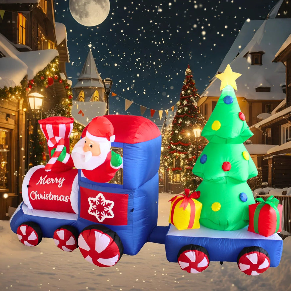 PTS inflatable train front view showing festive colors and instant curb appeal