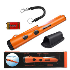 PudiBe pinpointer front view showing orange housing for quick visibility and durable search