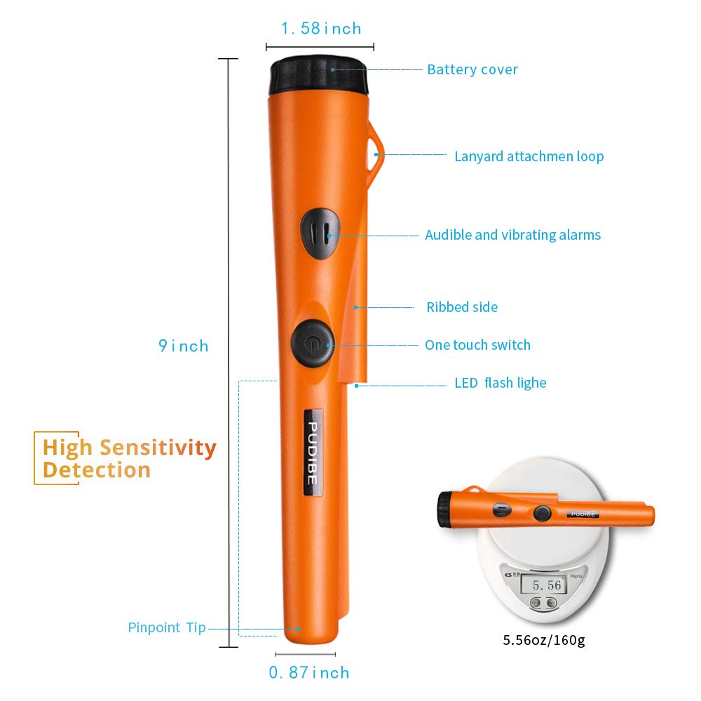 PudiBe pinpointer in holster on belt for hands-free carrying and fast access