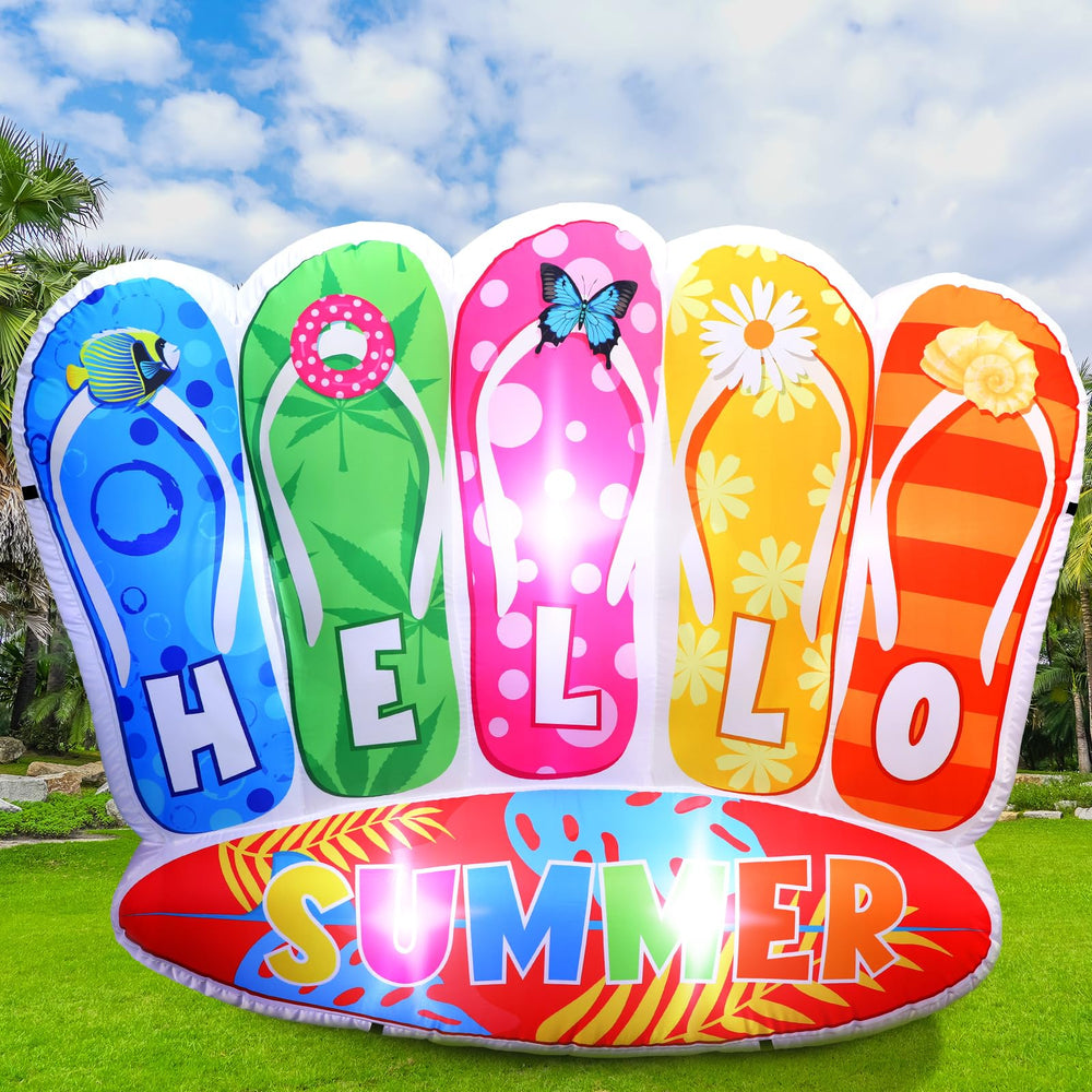 PullCrease giant inflatable flip flop front view showing bright colors and surfboard accent for party appeal