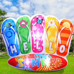 PullCrease giant inflatable flip flop front view showing bright colors and surfboard accent for party appeal