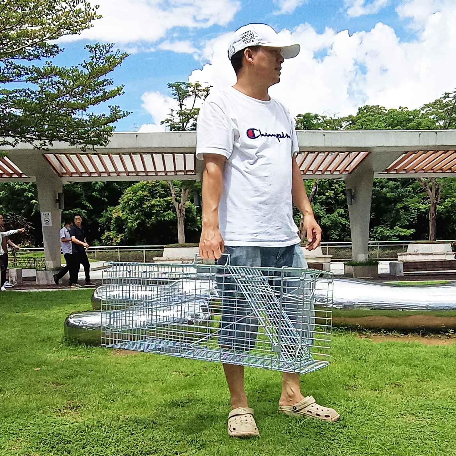 PULOMI set outdoors with bait demonstrating humane capture and easy field use benefit