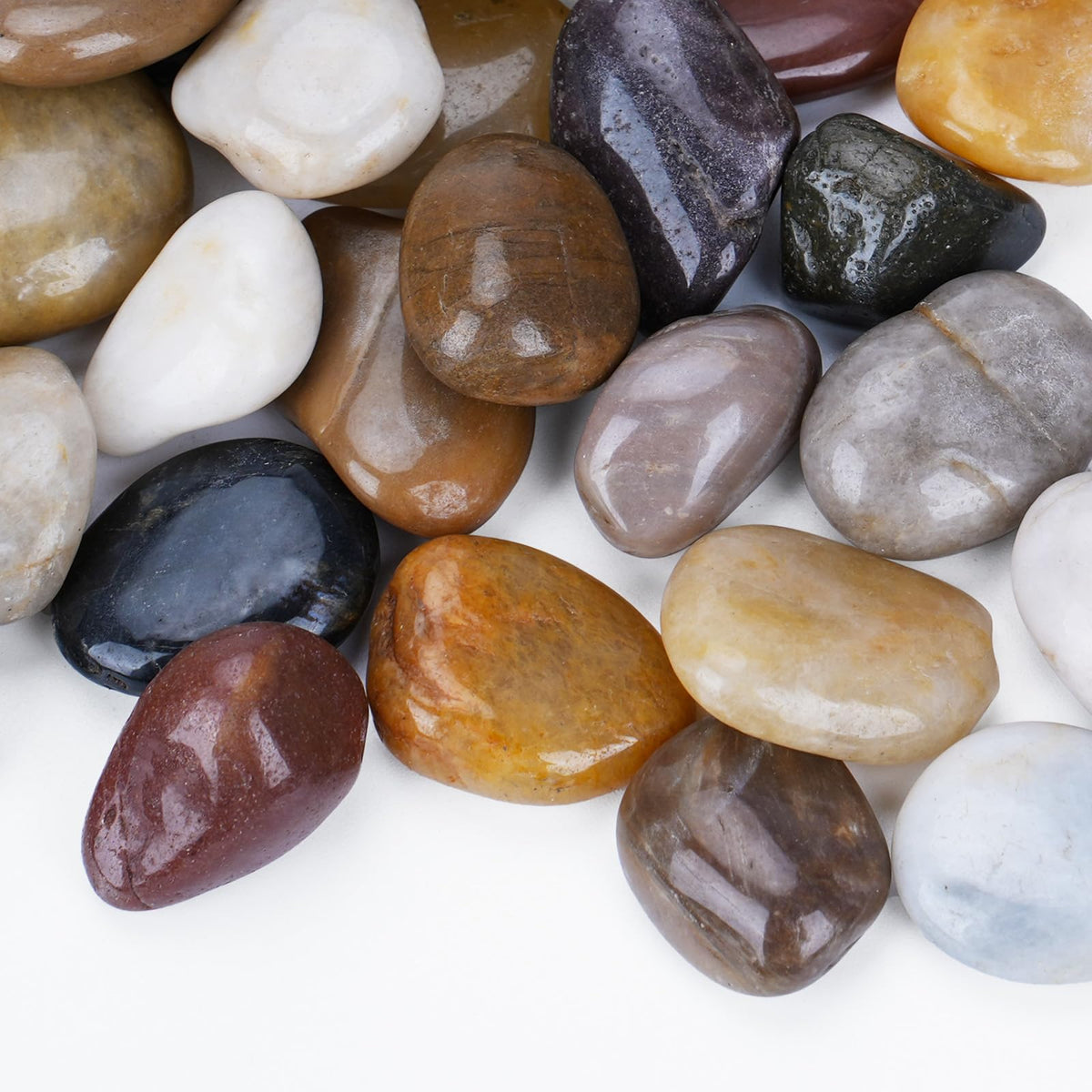 Pulovin front packaging bag showing 15 lb weight and polished river rocks for easy use