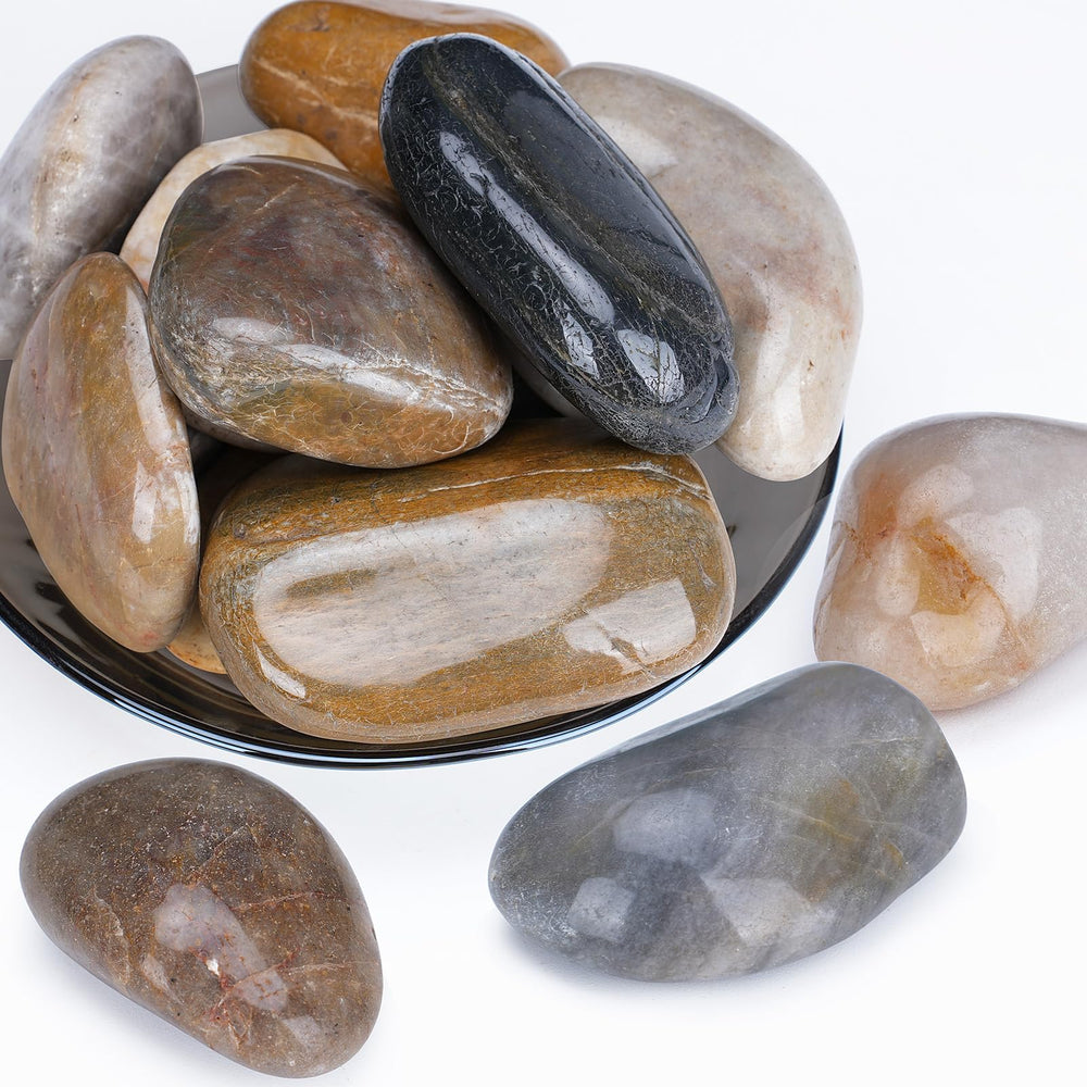 Pulovin front packaging showing 20 lb bag and polished river rocks benefit durable finish