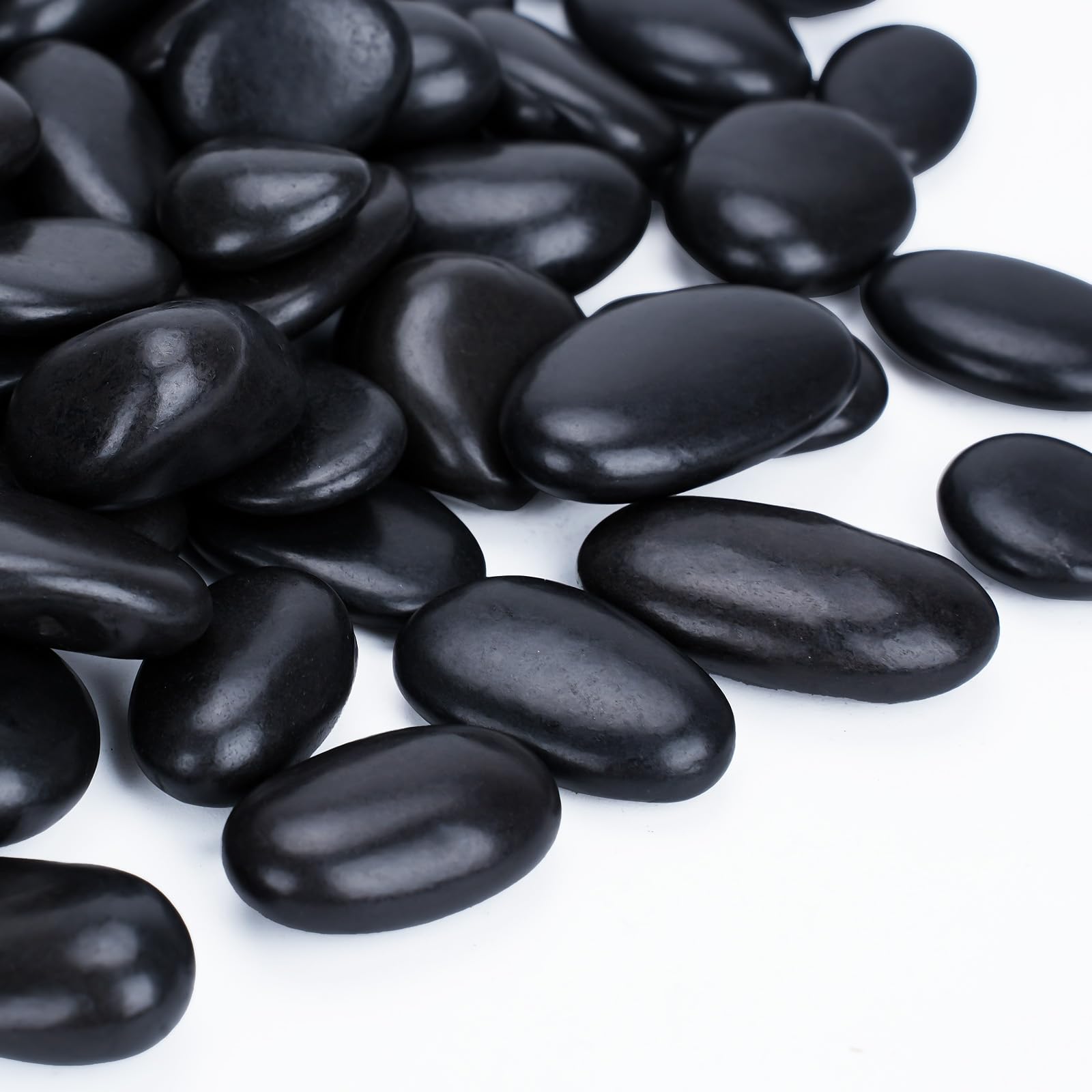 Pulovin bag front packaging showing 30 lb black river rocks and clear labeling benefit