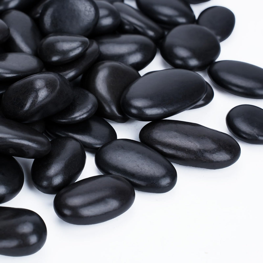 Pulovin bag front packaging showing 30 lb black river rocks and clear labeling benefit
