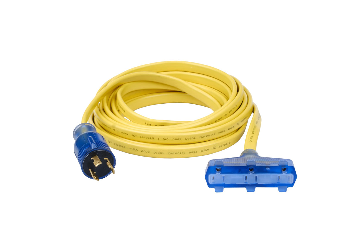 Pulsar flat extension front view showing three household outlets and twist-lock plug for convenient power conversion