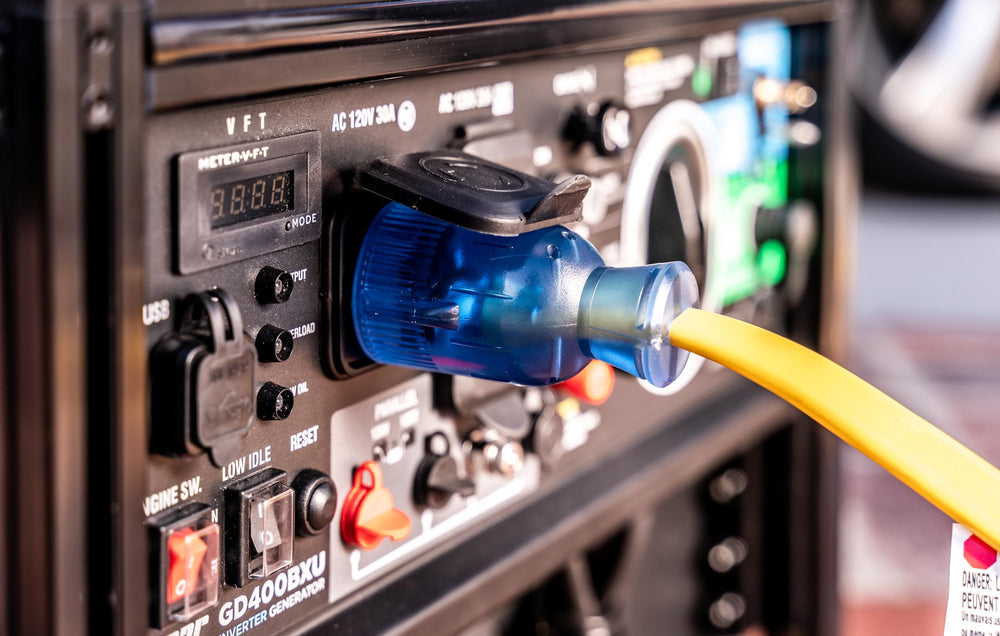 Pulsar extension cord in use between generator and home devices demonstrating tidy, weather-resistant connection