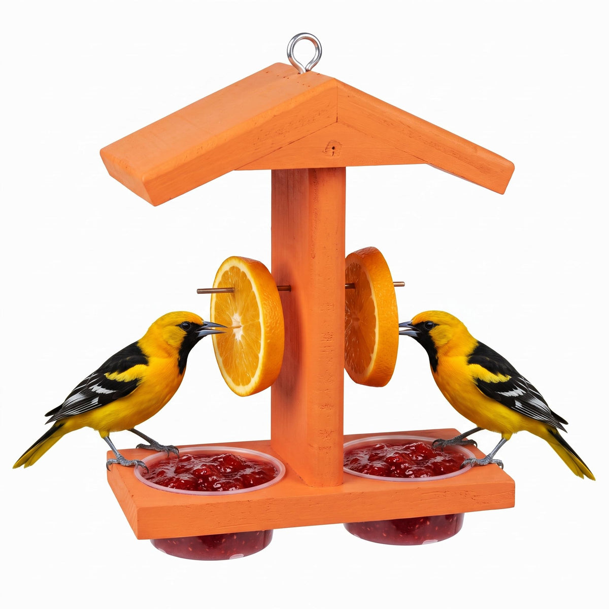 Pultio front view of orange feeder showing dual cups and bright perches attracting orioles