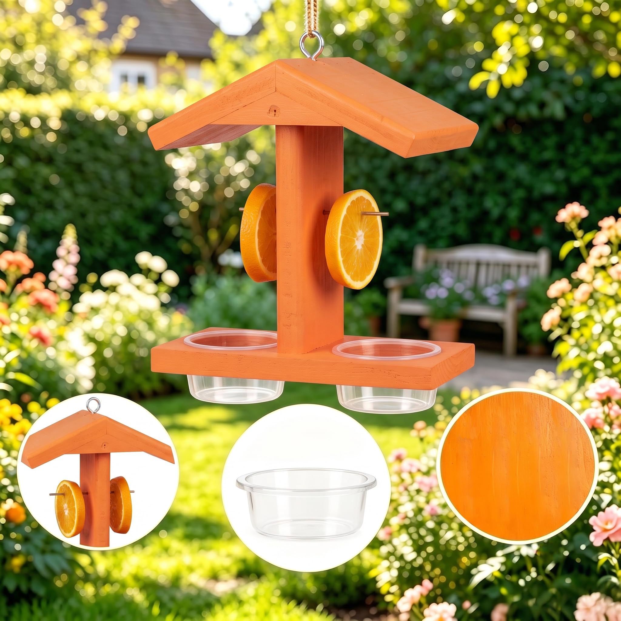 Pultio image of orange perch and peg detail showing secure landing spots for birds