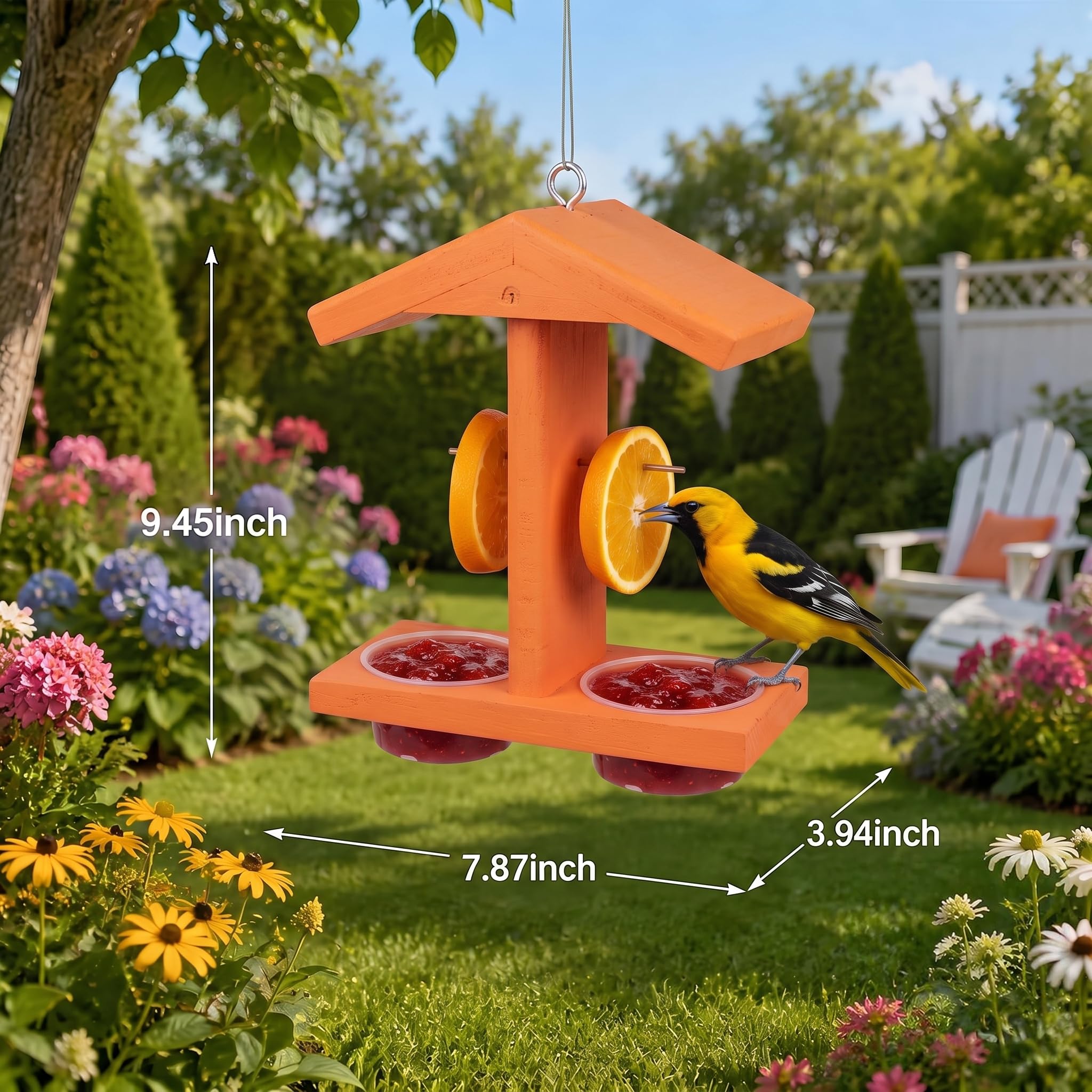 Pultio feeder with cut fruit in cup demonstrating fresh-feeding option for orioles