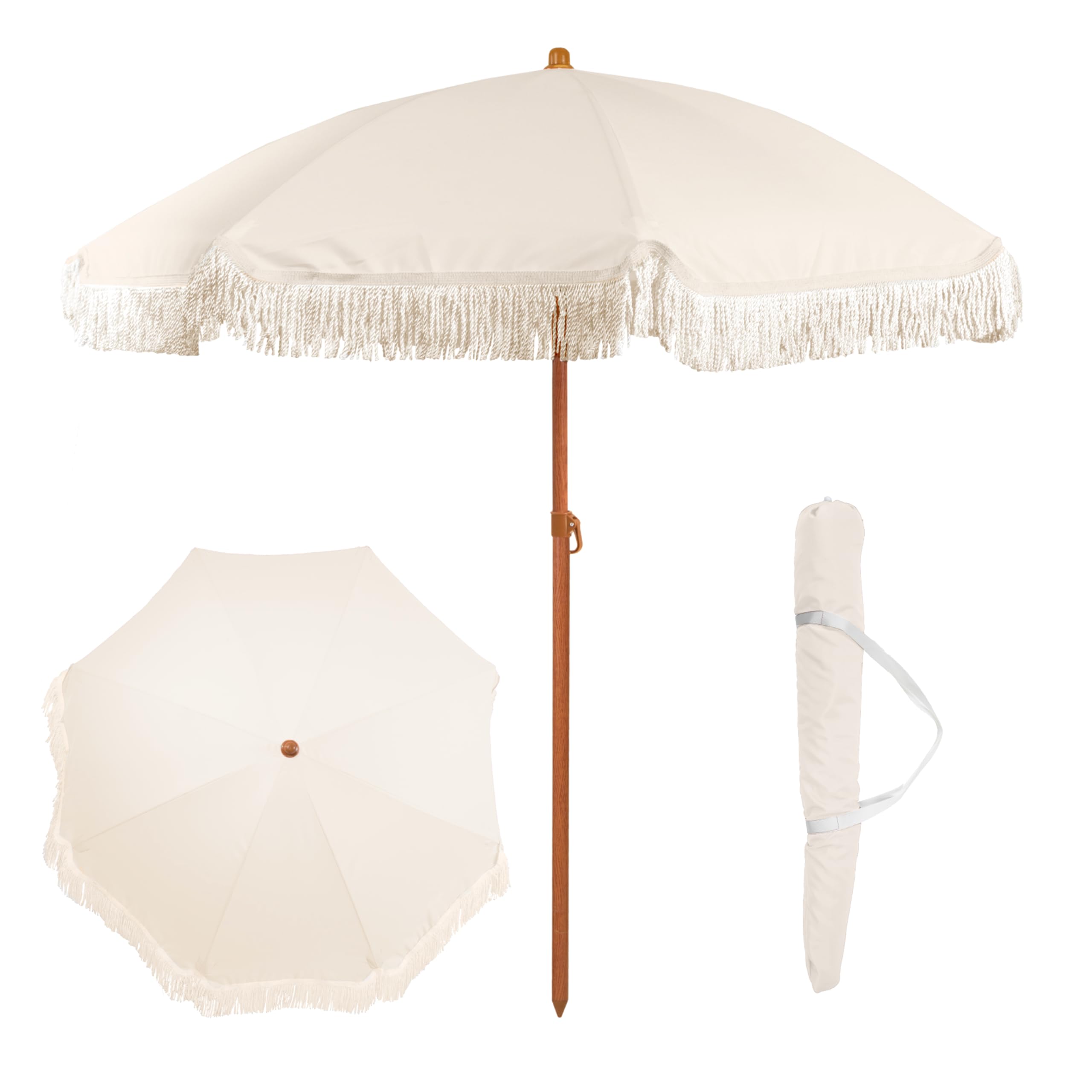 Punchau umbrella front view showing boho fringe and compact shade