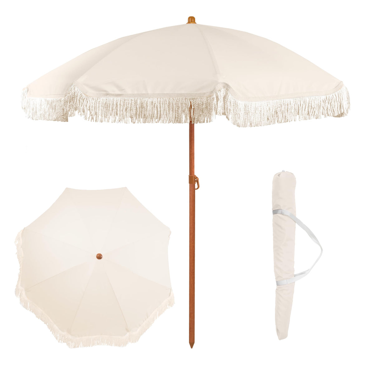 Punchau umbrella front view showing boho fringe and compact shade