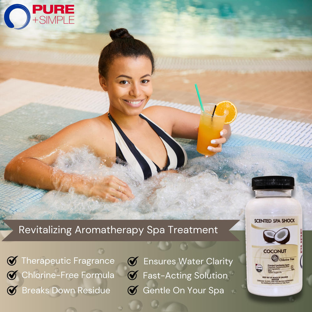 Adding Pure and Simple coconut spa shock to hot tub demonstrating easy maintenance