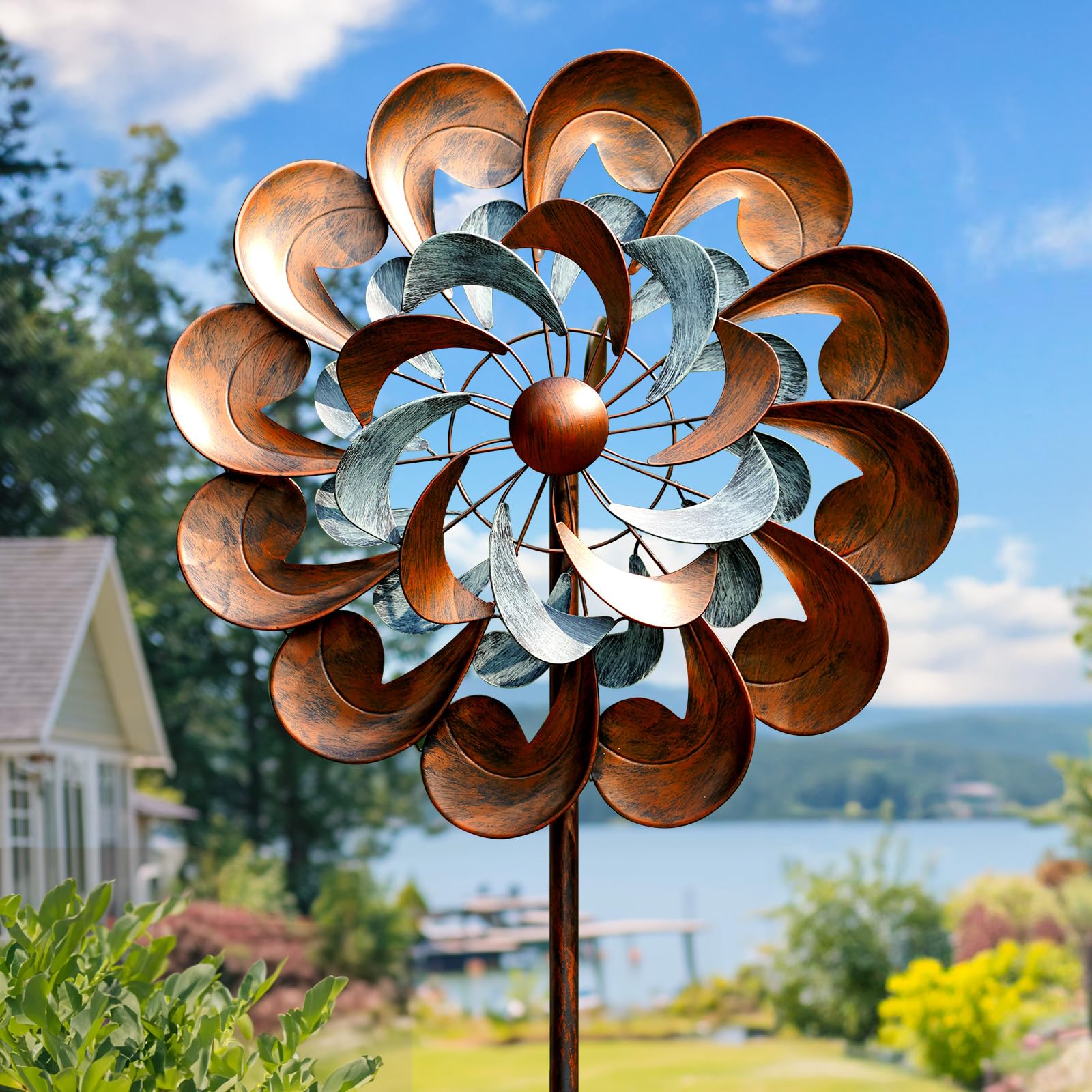 Pure Echo front view of full 84 inch wind spinner showing striking garden focal point