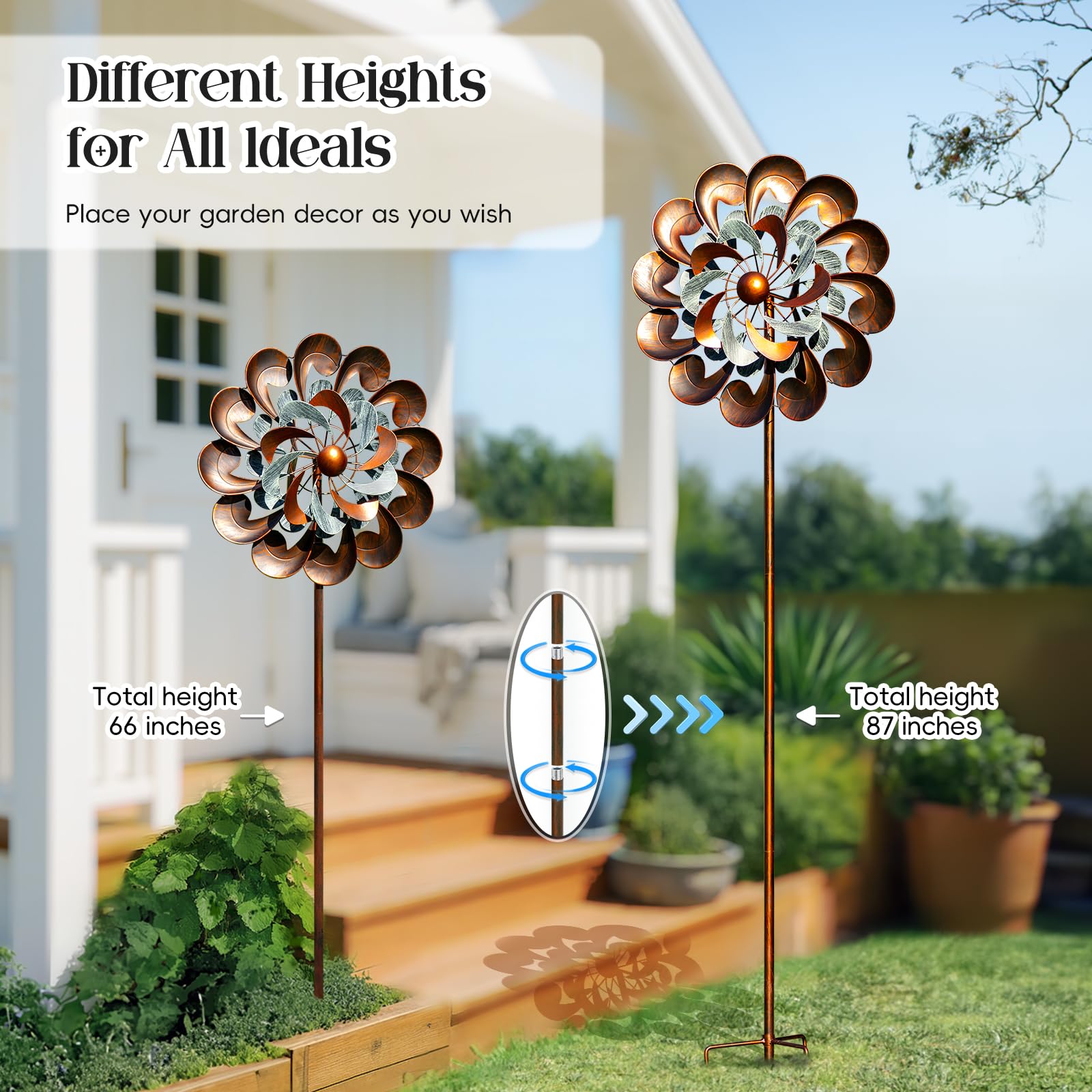 Pure Echo wind spinner installed in garden giving dynamic movement and curb appeal