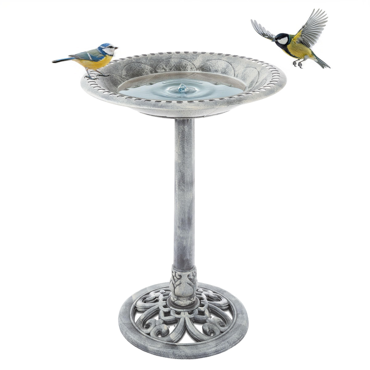 Pure Garden front view of bird bath showing antique design and curb appeal