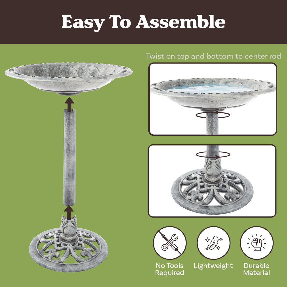 Pure Garden bird bath next to chair for scale showing compact footprint