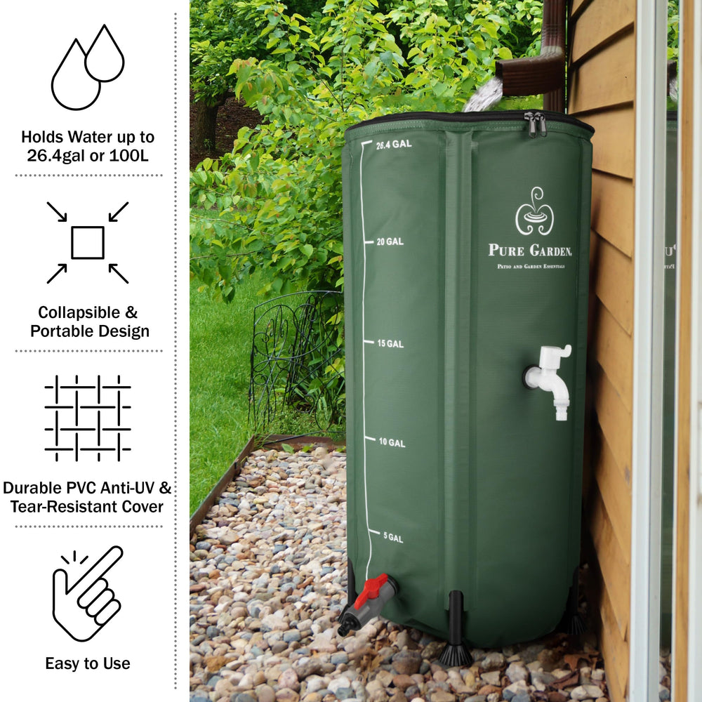 Pure Garden collapsed barrel next to a toolbox demonstrating compact storage