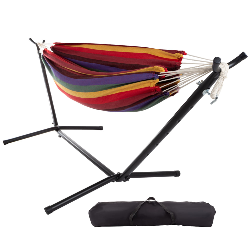 Pure Garden front view of double hammock and stand showing colorful comfort