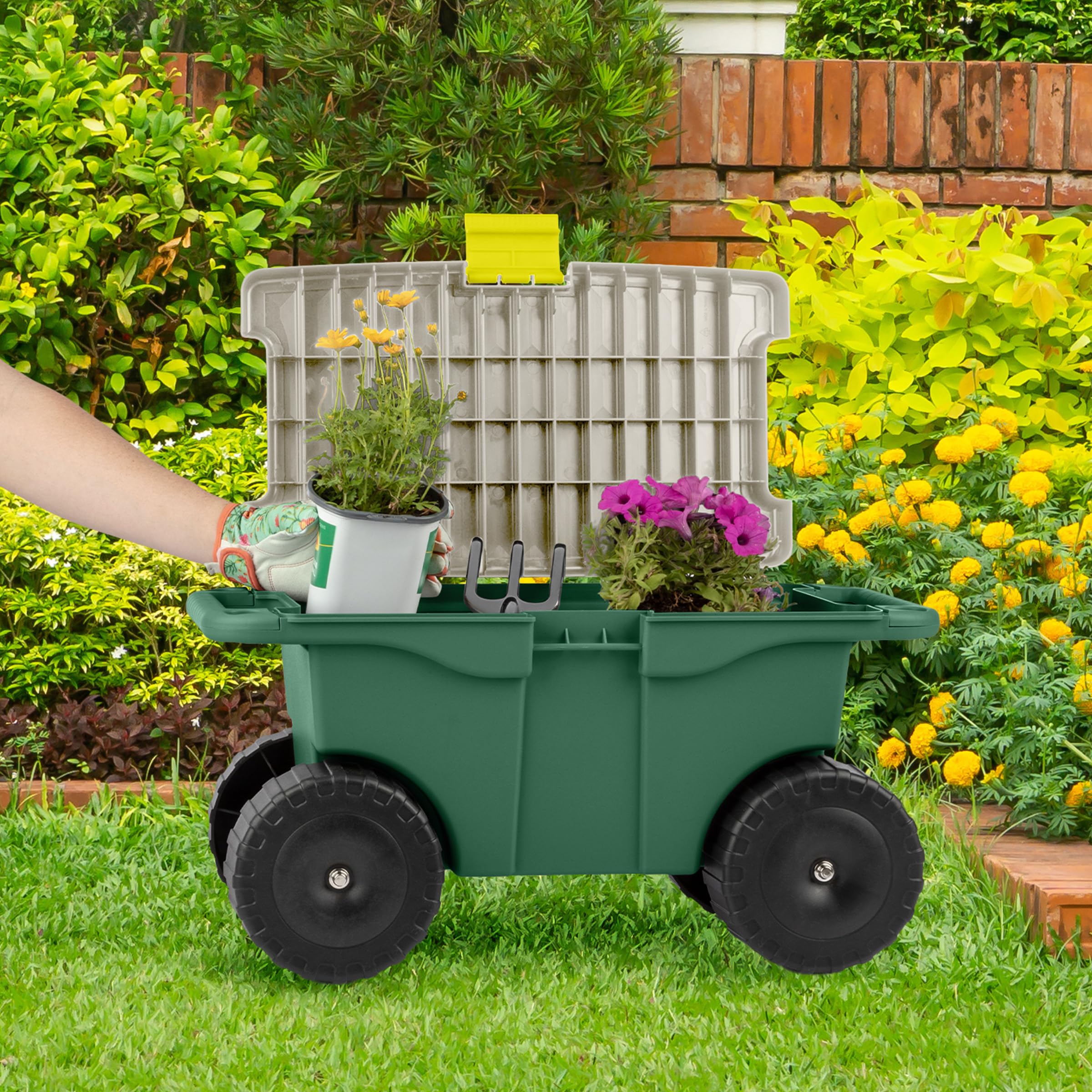 Pure Garden carrito en uso plantando, comodidad y orden