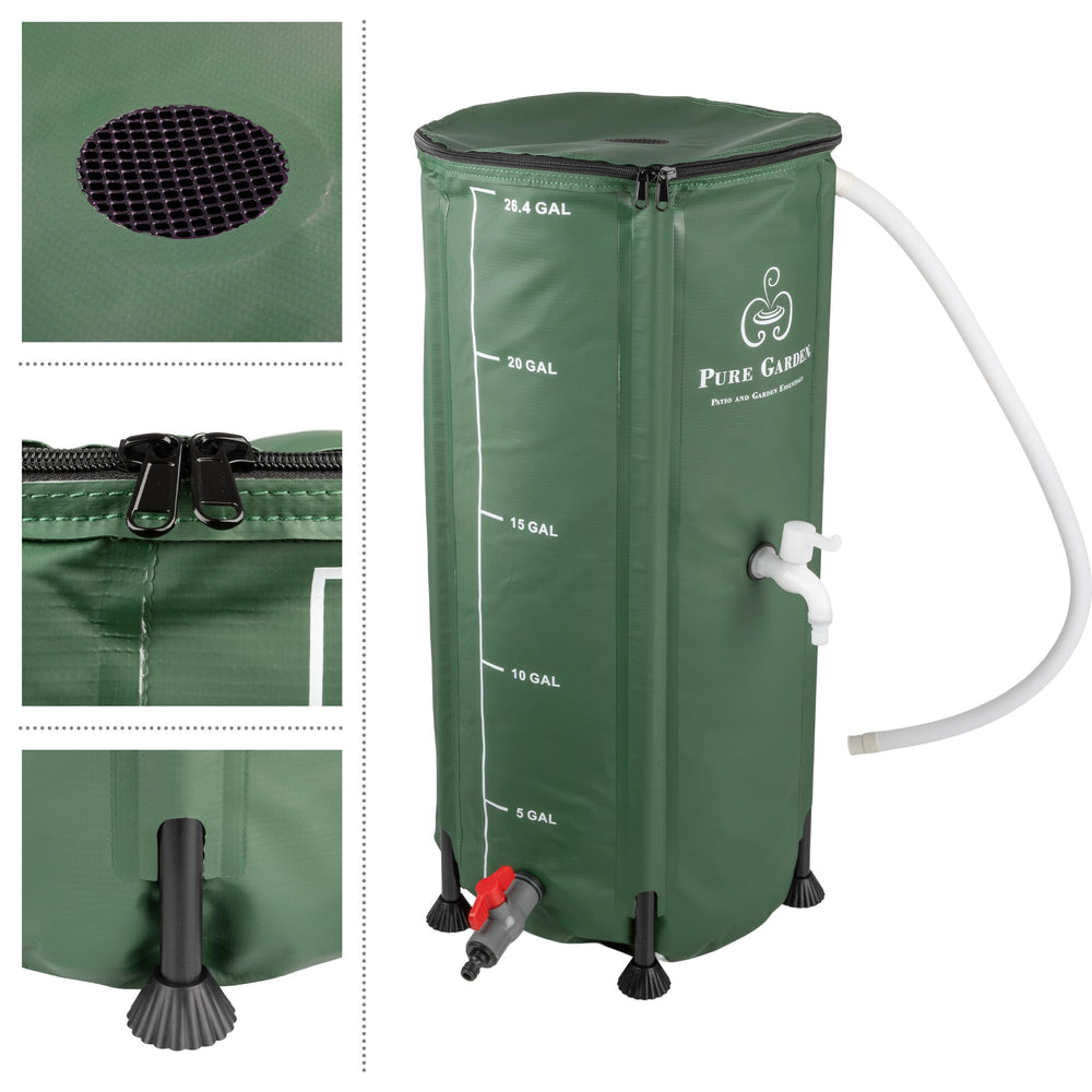 Pure Garden filled barrel beside plants showing conserved rainwater use