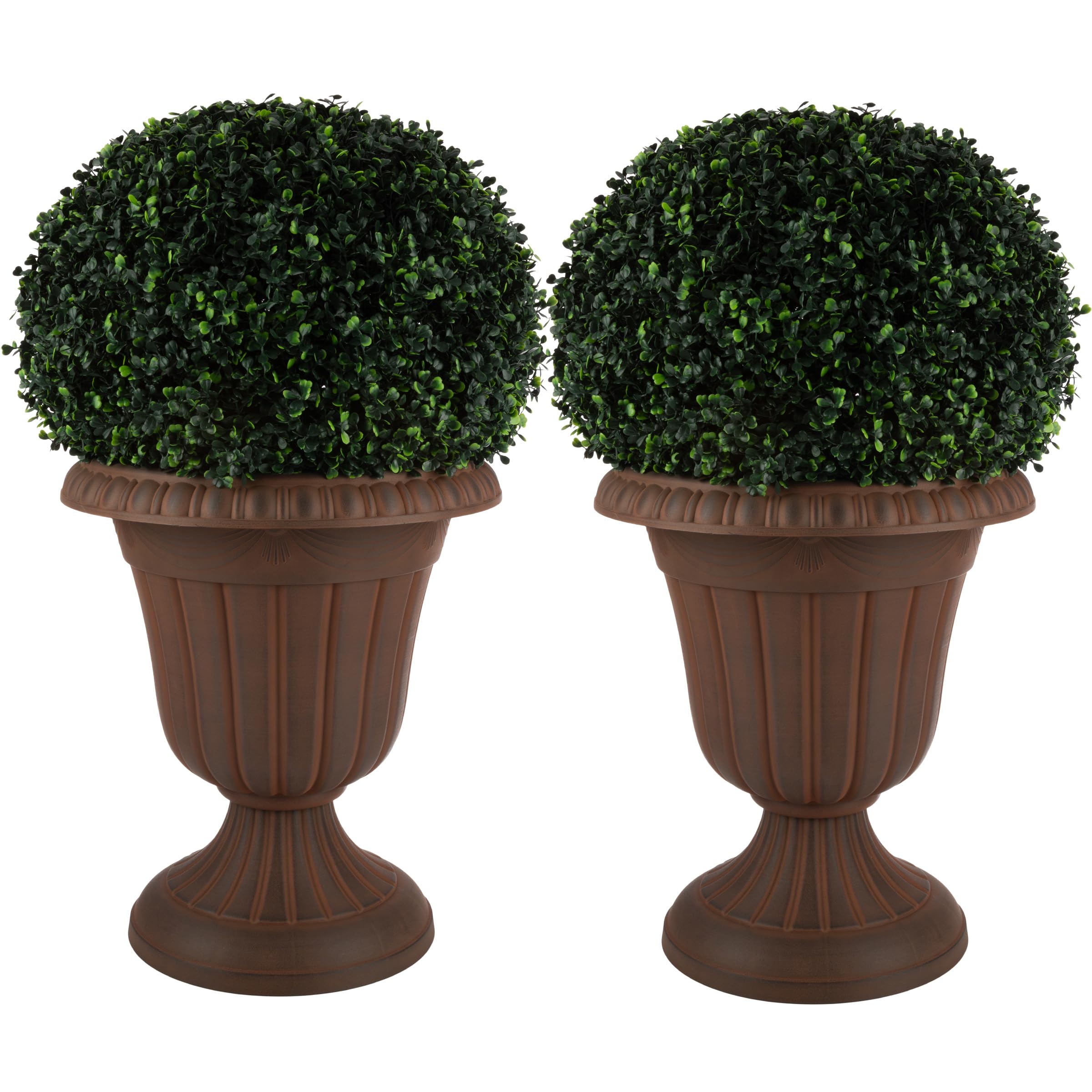 Pure Garden front view of two brown urn-style planters showing classic look and lightweight benefit