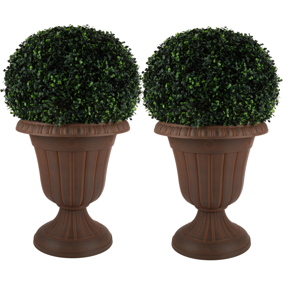 Pure Garden front view of two brown urn-style planters showing classic look and lightweight benefit