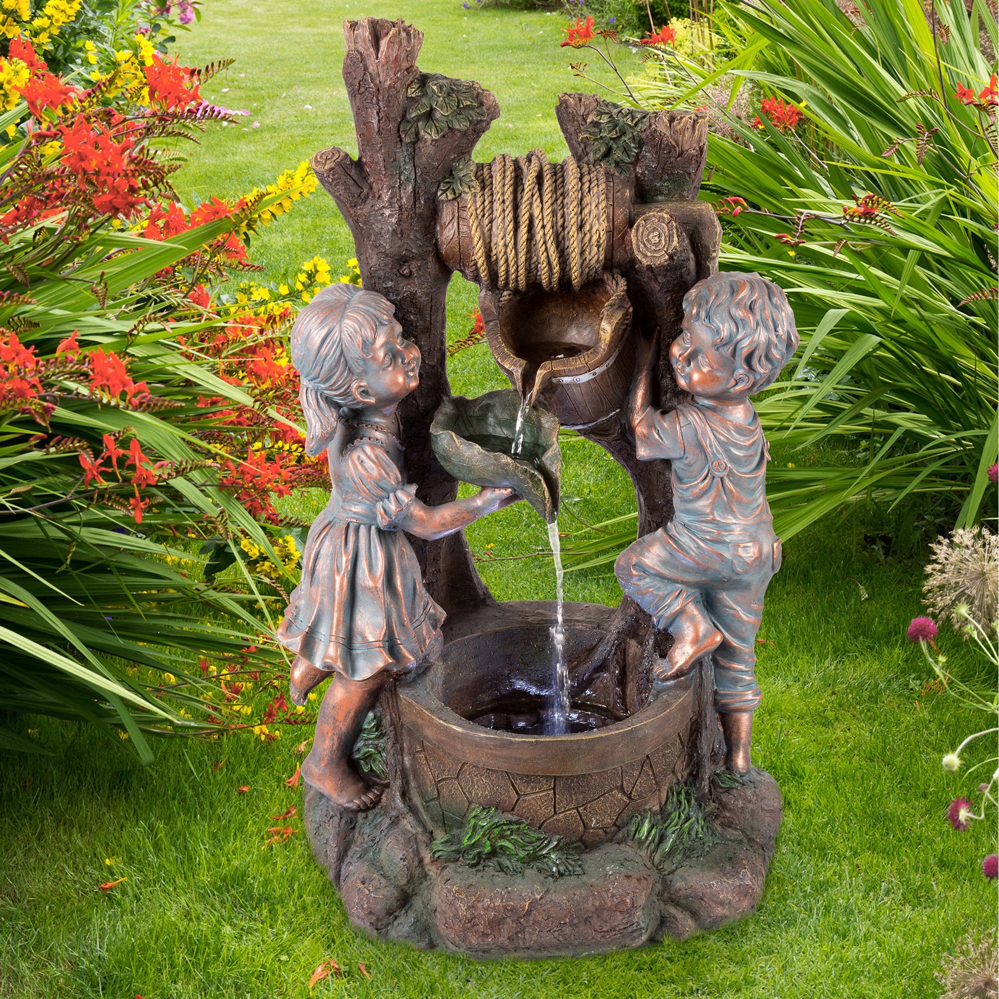 Pure Garden front view antique bronze fountain showing whole design and curb appeal