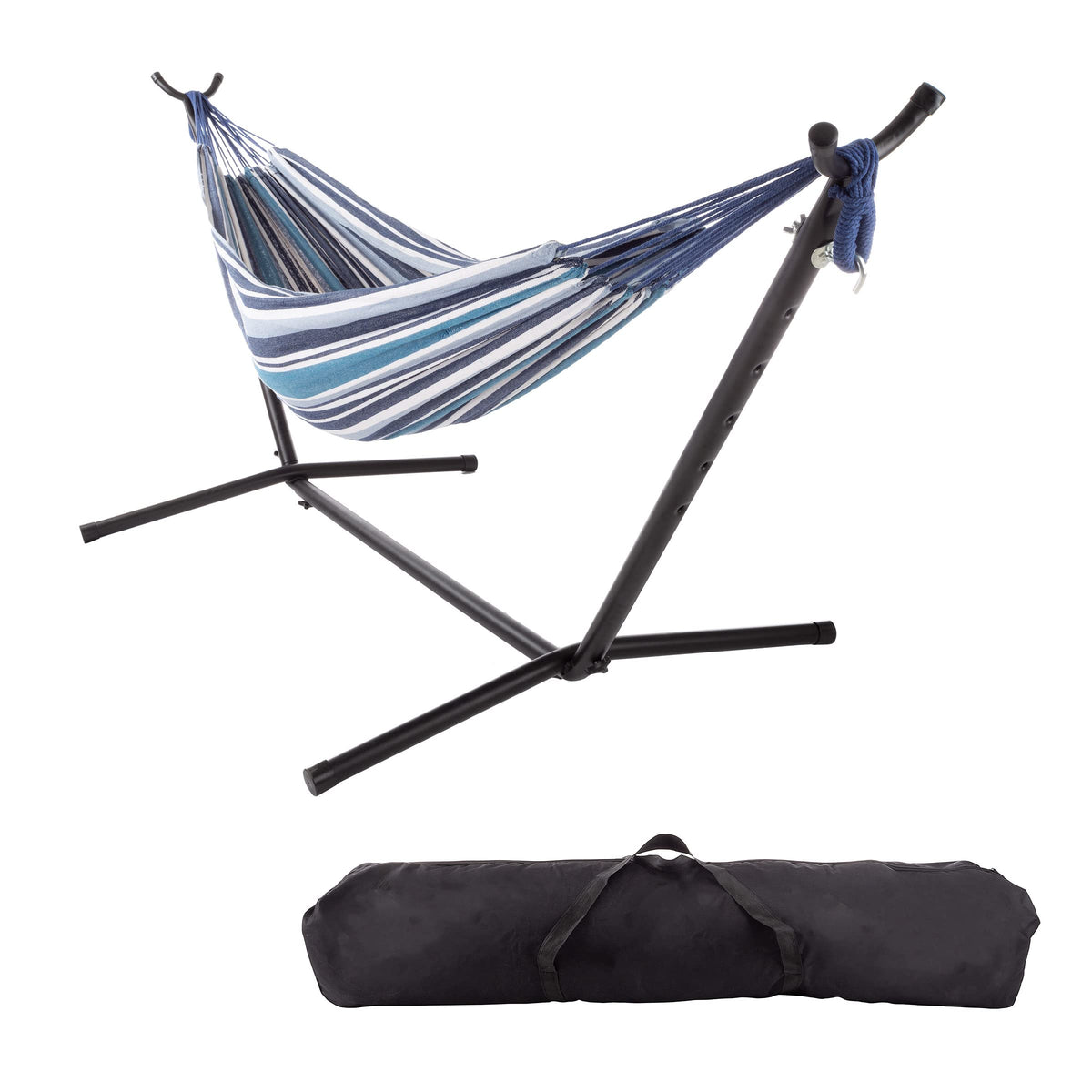 Pure Garden front view of blue stripe hammock with stand showing easy setup and comfort