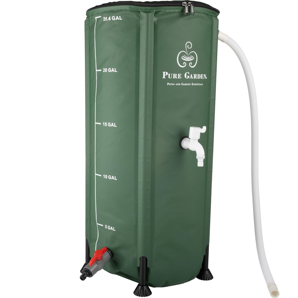 Pure Garden front view of rain barrel showing portable green tank and setup benefit