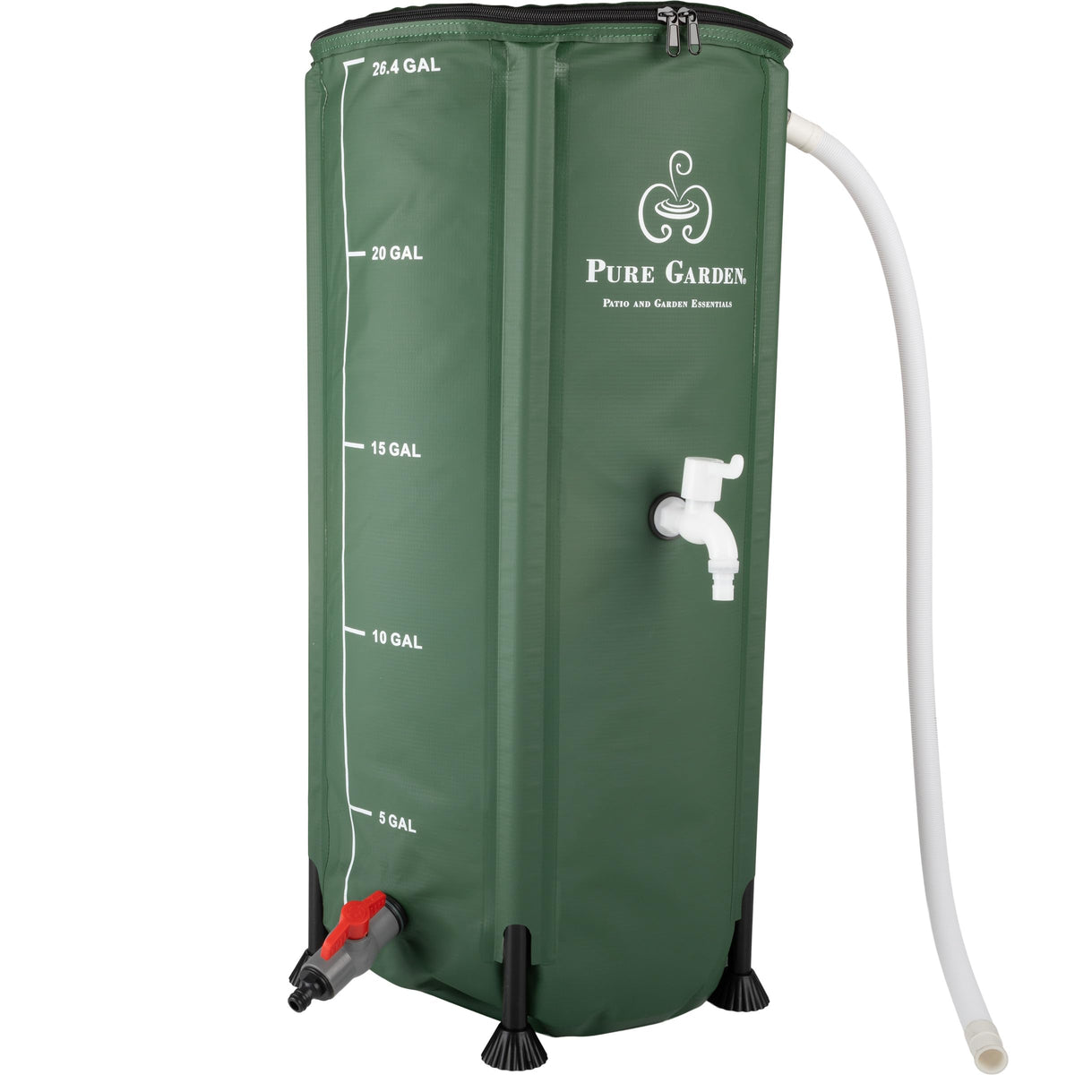Pure Garden front view of rain barrel showing portable green tank and setup benefit