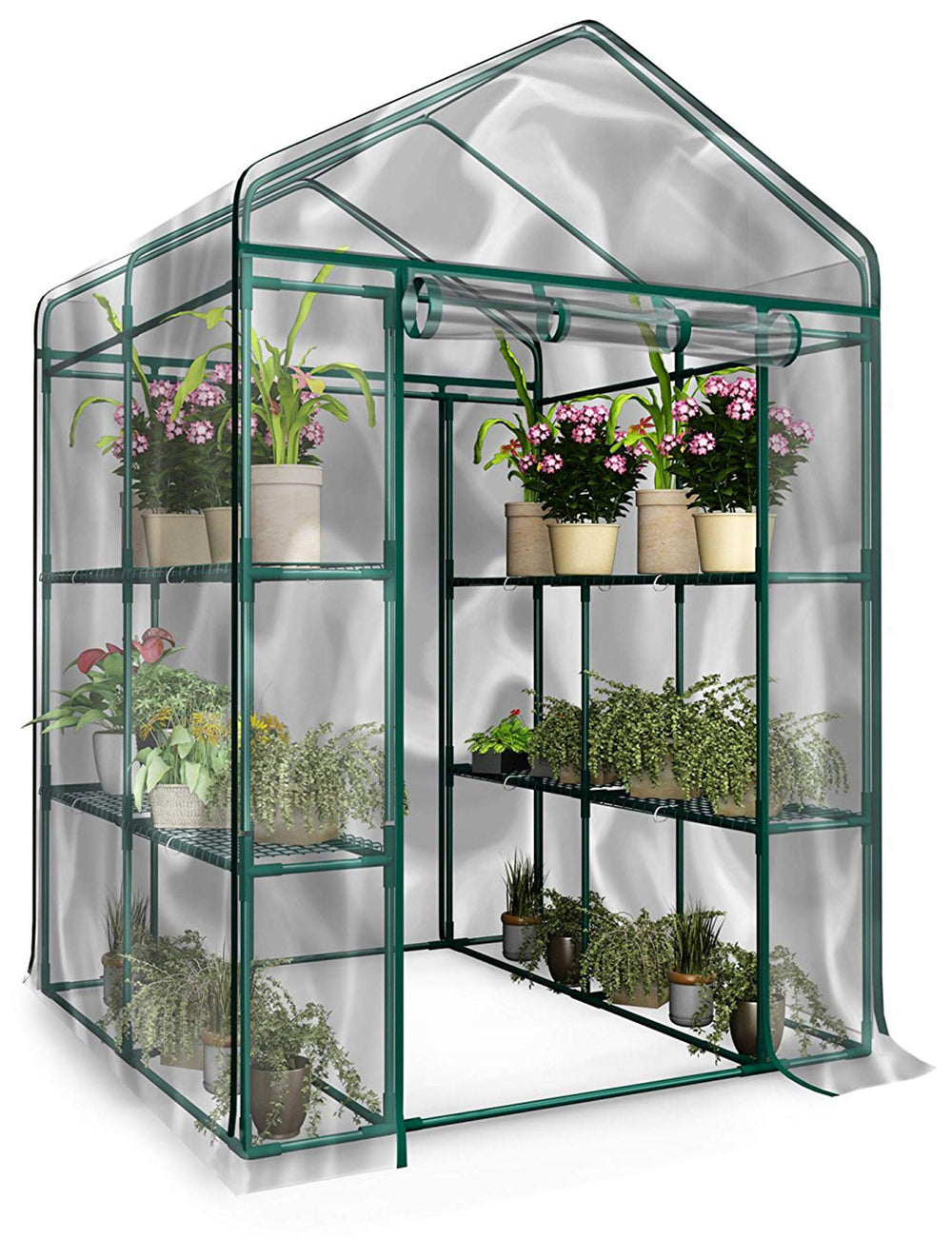 Pure Garden front view showing greenhouse with clear PVC cover and door, protecting plants