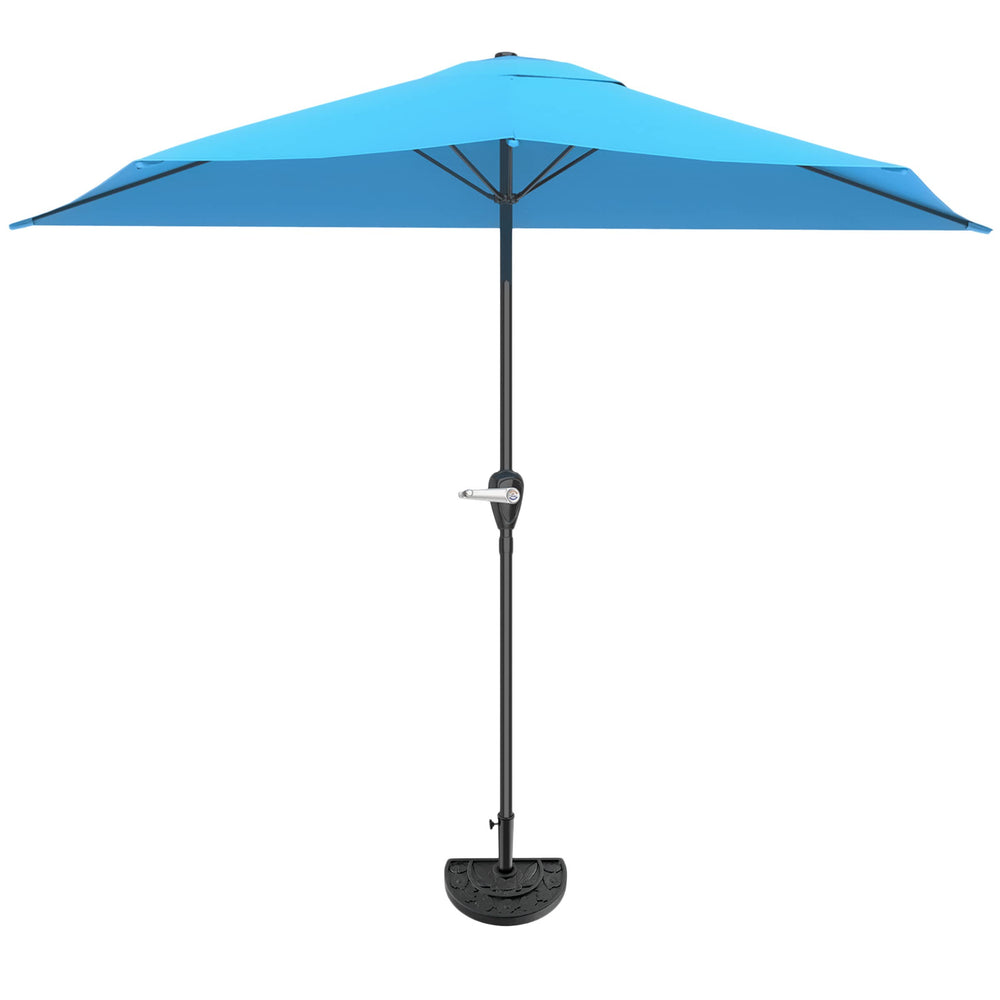 Pure Garden bright blue half umbrella front view showing clean wall-mounted fit and shade benefit