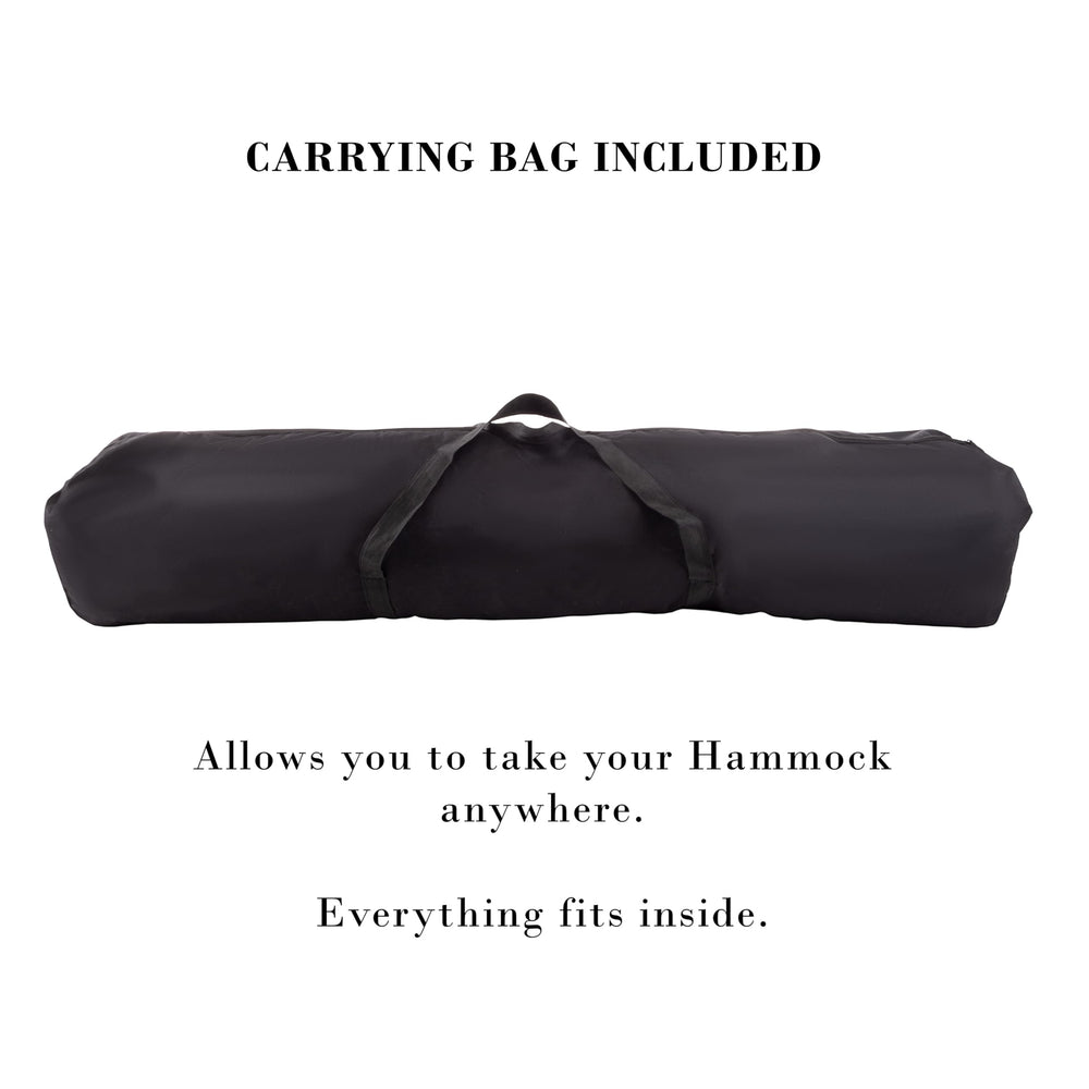 Pure Garden hammock assembled on powder-coated steel stand demonstrating tool-free setup and support