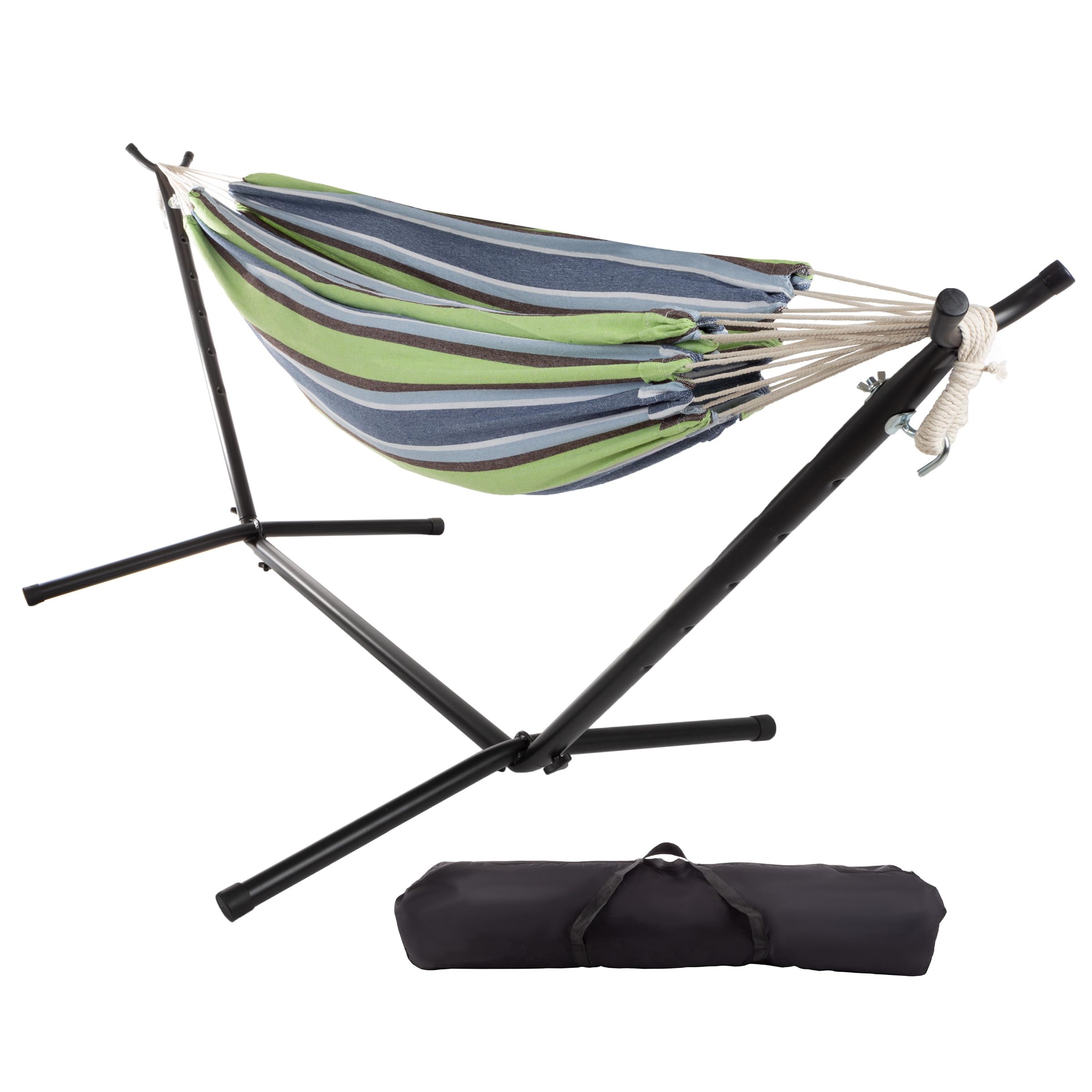 Pure Garden front view showing full double hammock and striped cotton bed for comfortable lounging