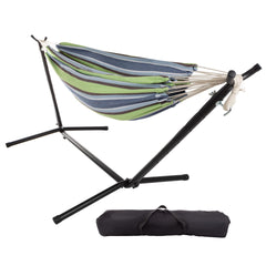 Pure Garden front view showing full double hammock and striped cotton bed for comfortable lounging
