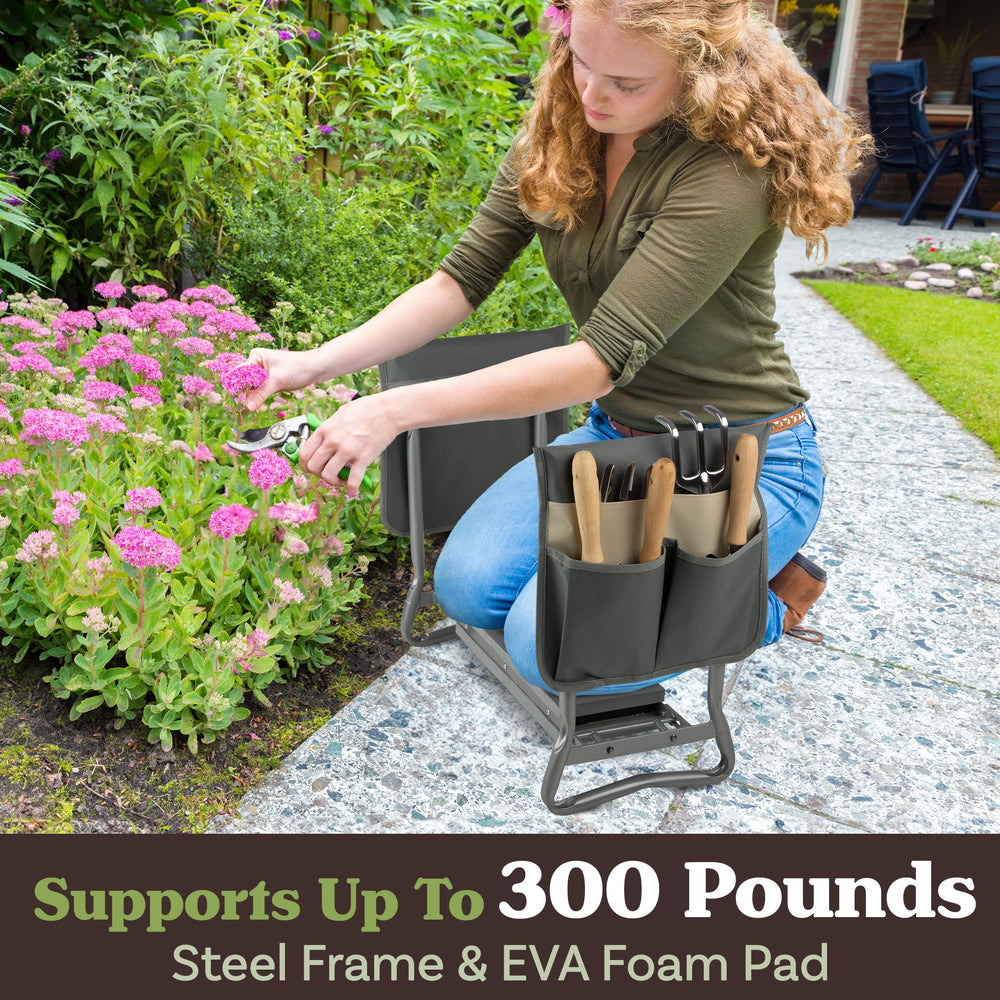 Pure Garden in use with gardener kneeling to reduce knee strain