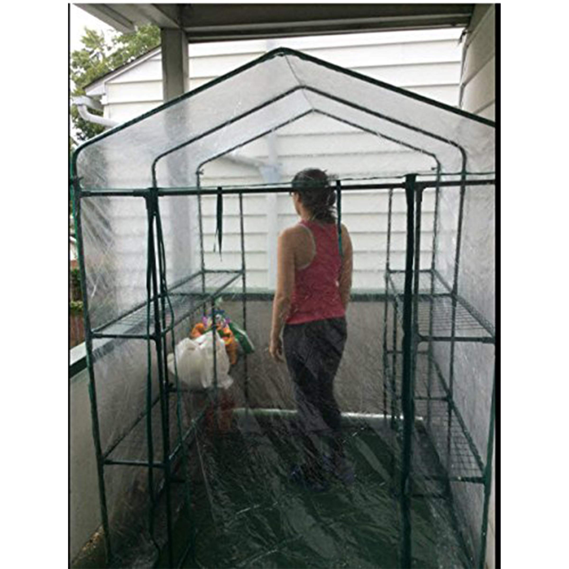 Pure Garden greenhouse on a patio with pots and seedlings thriving in protected environment