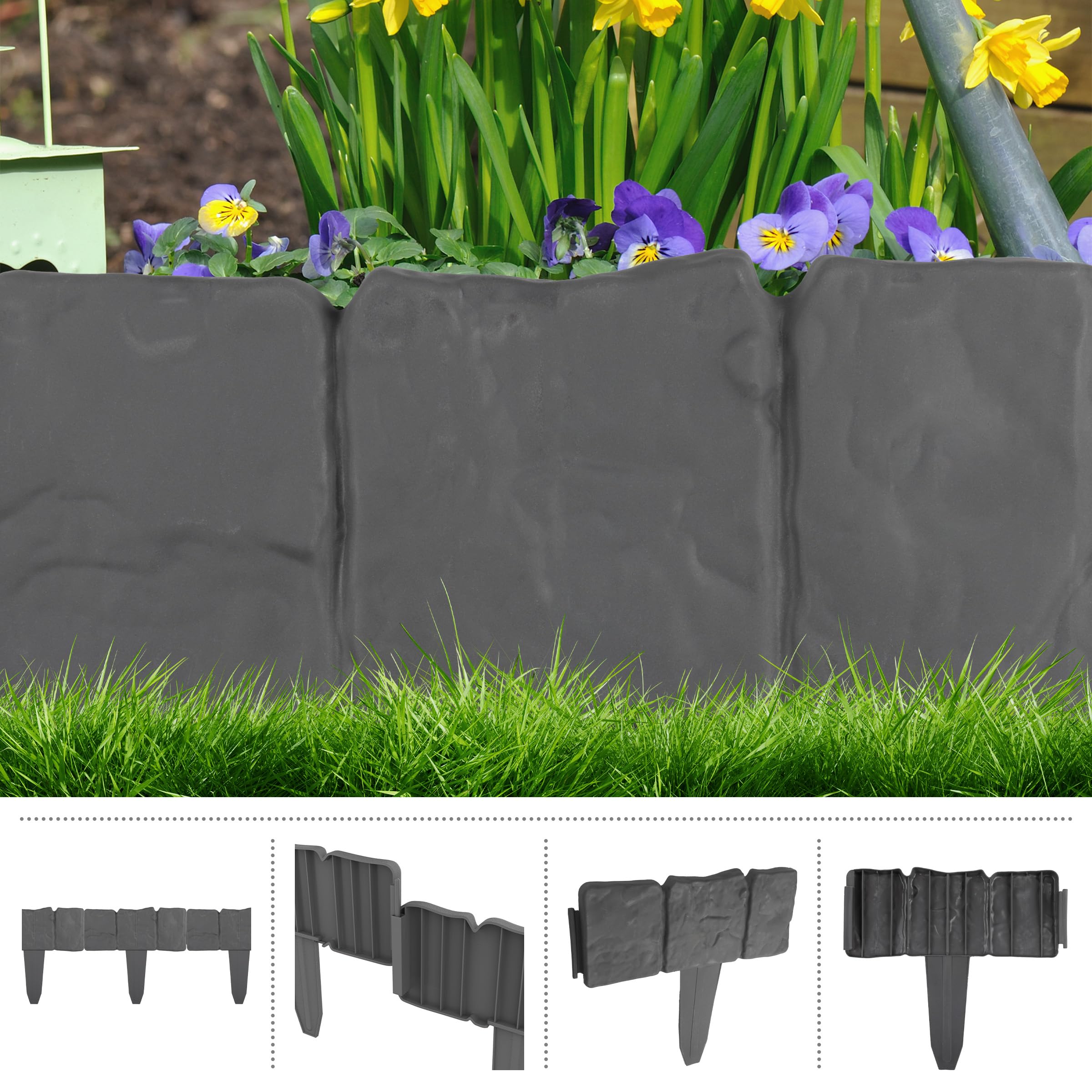 Pure Garden edging framing planted bed in yard showcasing cleaner lawn maintenance
