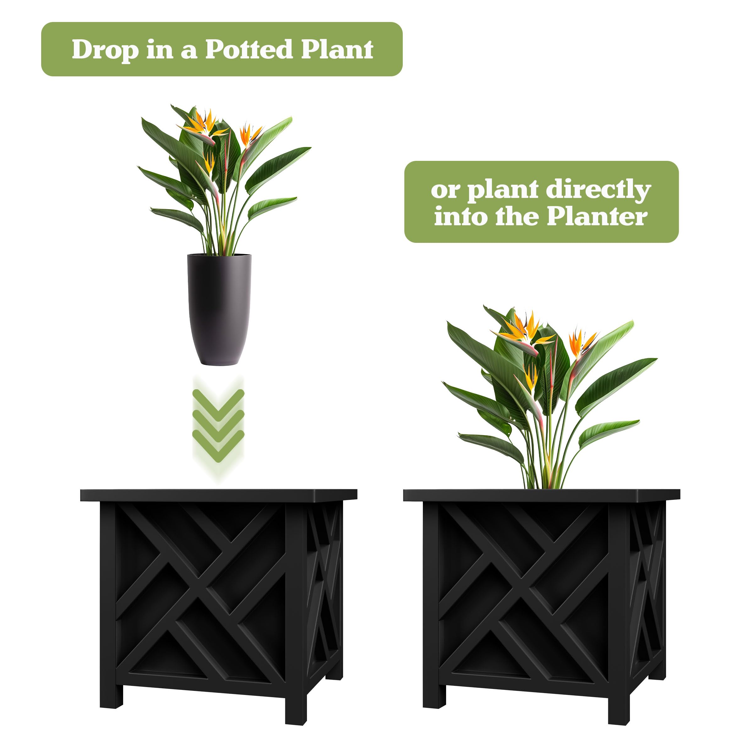 Pure Garden view of insert and T-shaped open bottom showing drainage option