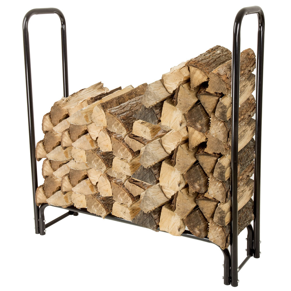 Pure Garden rack loaded with split logs illustrating ready-to-use fuel benefit