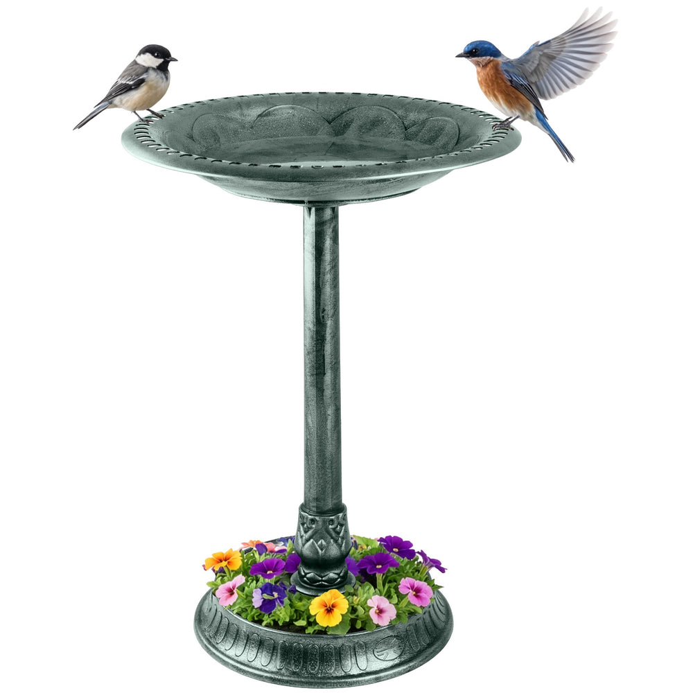 Pure Garden front view of patina green bird bath showing vintage appeal and curb enhancement
